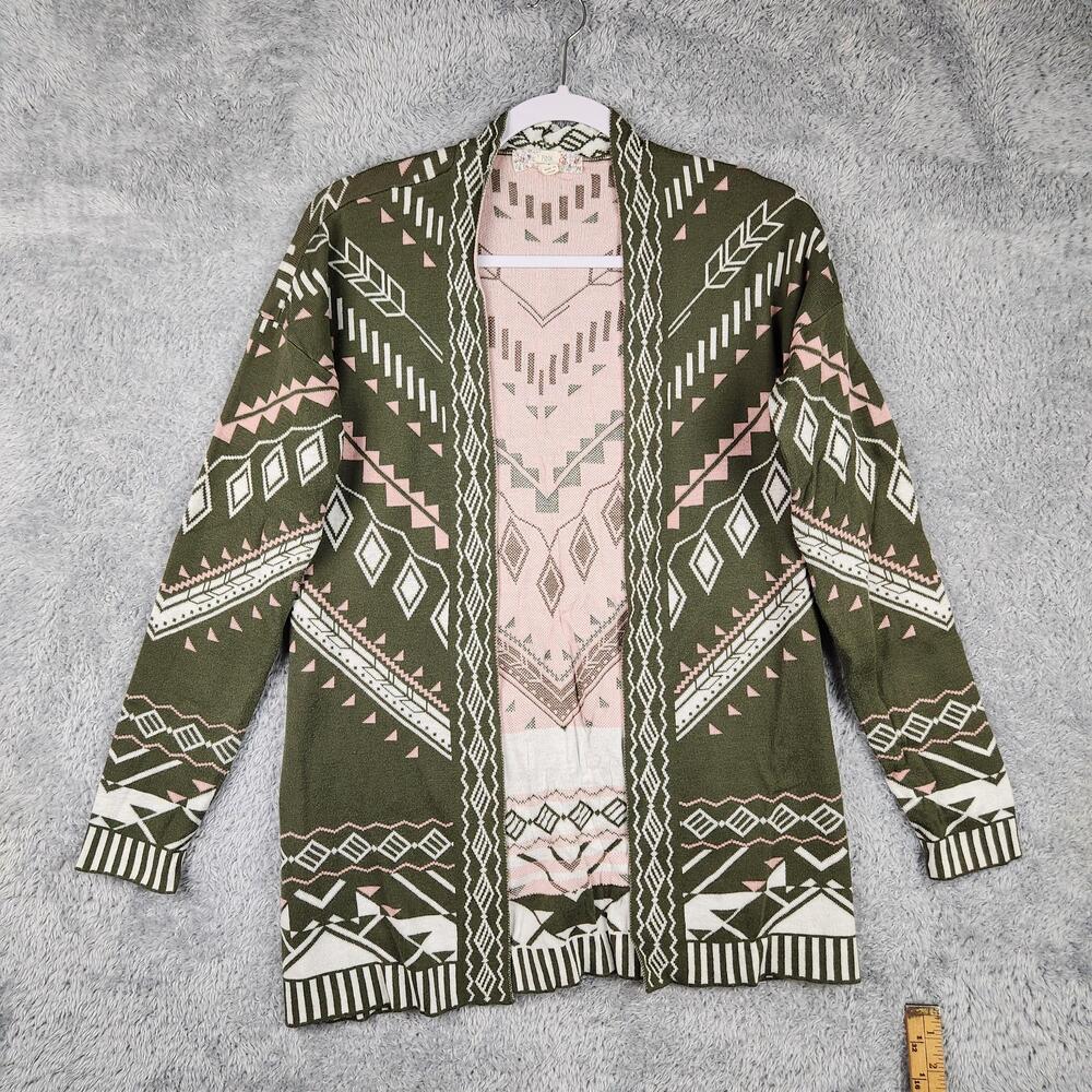 Pink Republic Cardigan Sweater Womens Large Green Aztec Open Front Knit Boho